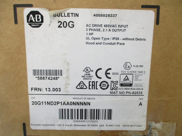 ALLEN BRADLEY 20G11ND2P1AA0NNNNN SER. A F/W 13.003 432-528VAC 2.1A NSMP