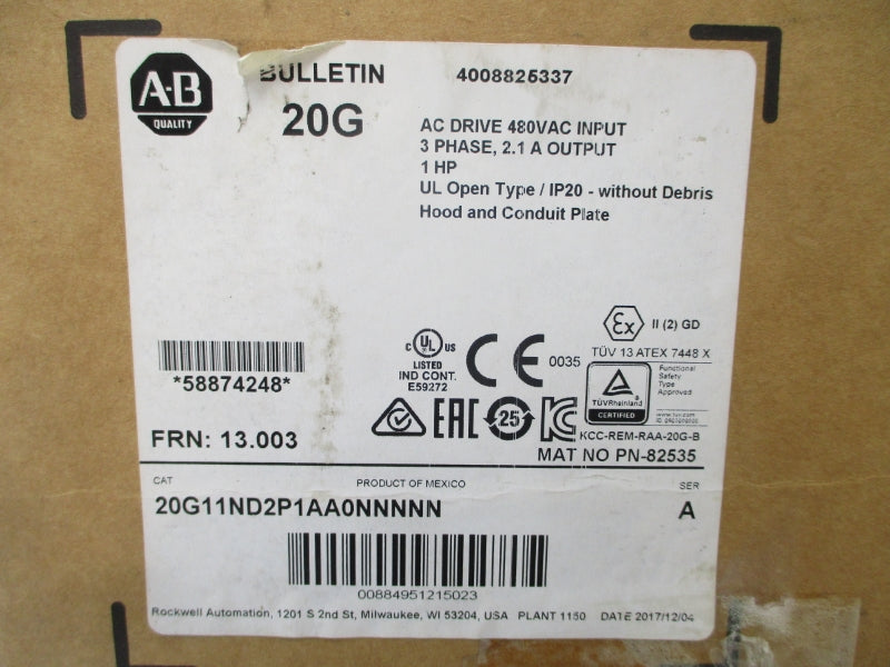 ALLEN BRADLEY 20G11ND2P1AA0NNNNN SER. A F/W 13.003 432-528VAC 2.1A NSMP