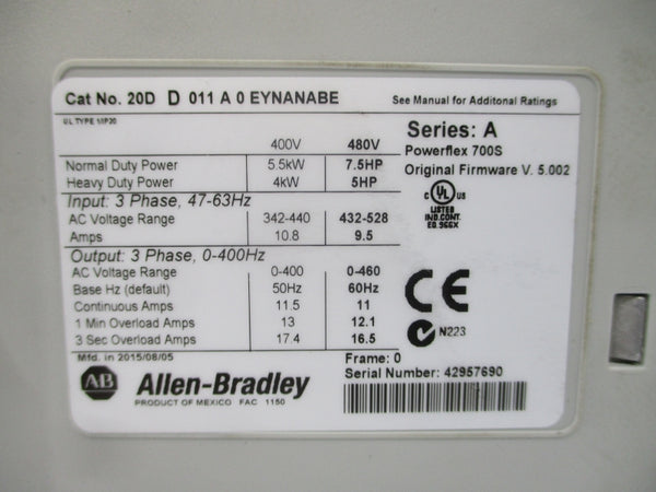 ALLEN BRADLEY 20DD011A0EYNANABE SER. A F/W 5.002 432-528VAC 11A NSMP