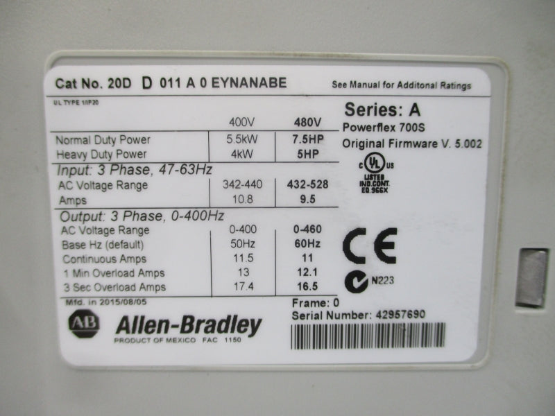 ALLEN BRADLEY 20DD011A0EYNANABE SER. A F/W 5.002 432-528VAC 11A NSMP