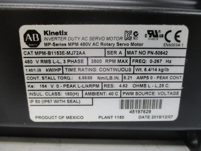 ALLEN BRADLEY MPM-B1153E-MJ72AA SER. A 480VAC 6.21A NSMP