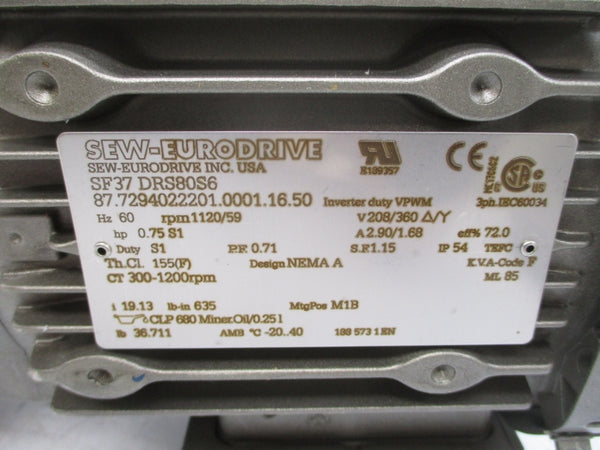 SEW-EURODRIVE SF37DRS80S6 208/360V 2.90/1.68A NSNP