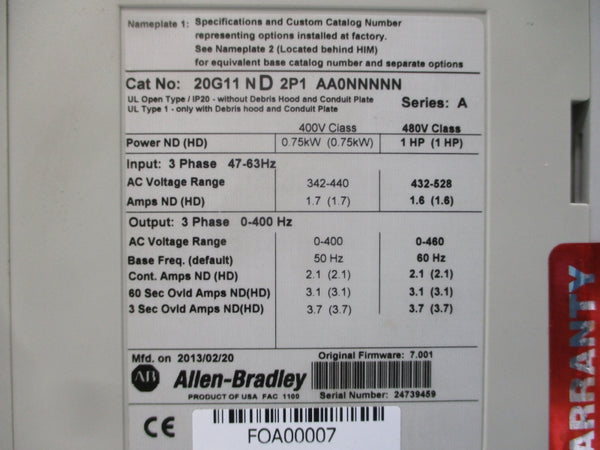 ALLEN BRADLEY 20G11ND2P1AA0NNNNN SER. A F/W 7.001 432-528VAC 2.1A UNMP