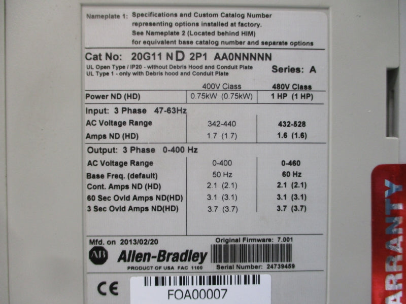 ALLEN BRADLEY 20G11ND2P1AA0NNNNN SER. A F/W 7.001 432-528VAC 2.1A UNMP