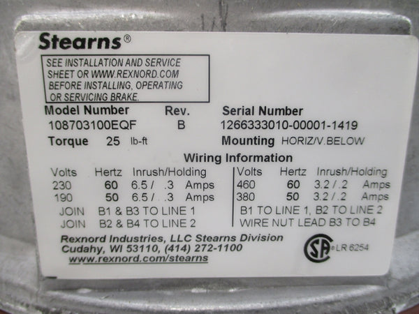 STEARNS 108703100EQF 380/460V 6.5/.3A REV. B NSMP