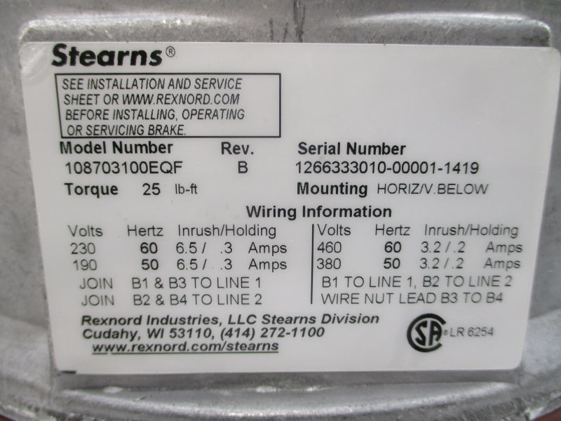 STEARNS 108703100EQF 380/460V 6.5/.3A REV. B NSMP