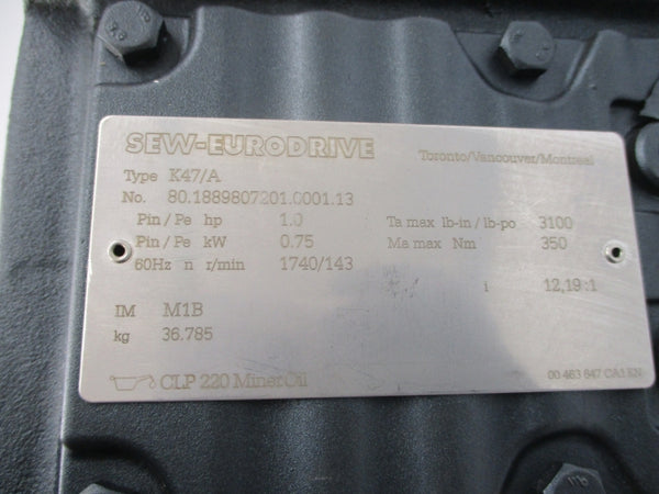 SEW-EURODRIVE K47DRE80M4BE1HF/IS/TF 277/480V 2.40/1.38A NSNP