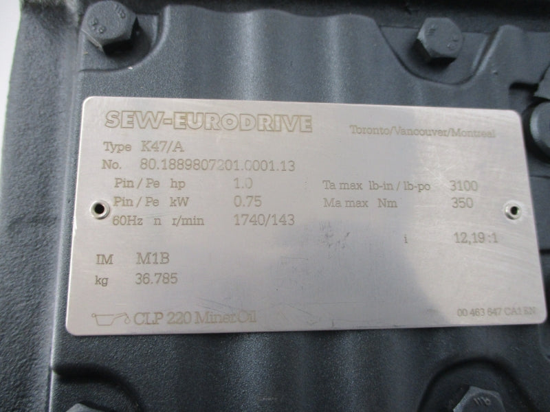 SEW-EURODRIVE K47DRE80M4BE1HF/IS/TF 277/480V 2.40/1.38A NSNP