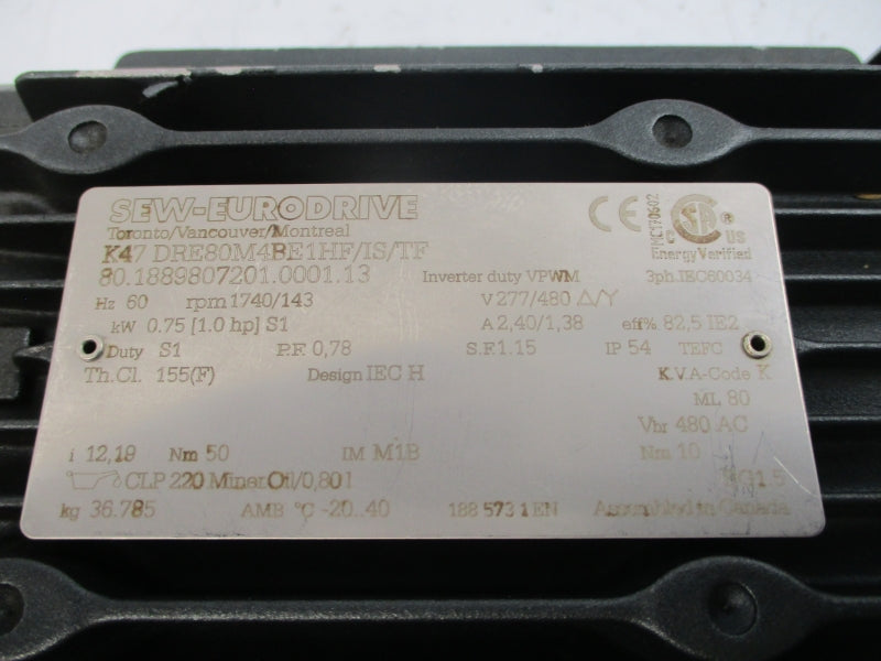 SEW-EURODRIVE K47DRE80M4BE1HF/IS/TF 277/480V 2.40/1.38A NSNP