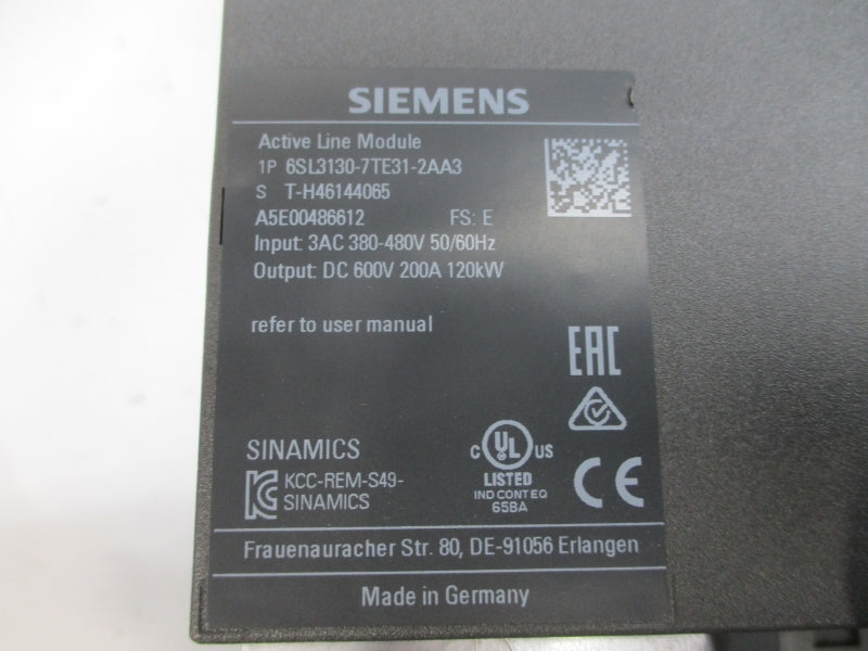 SIEMENS 6SL3130-7TE31-2AA3 380-480VAC 200A UNMP