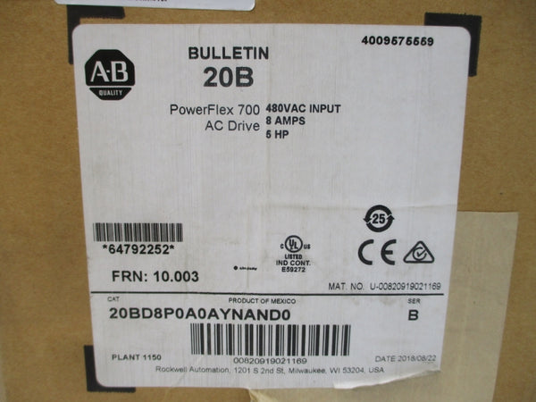 ALLEN BRADLEY 20BD8P0A0AYNAND0 SER. B F/W 10.003 432-528VAC 8A NSMP
