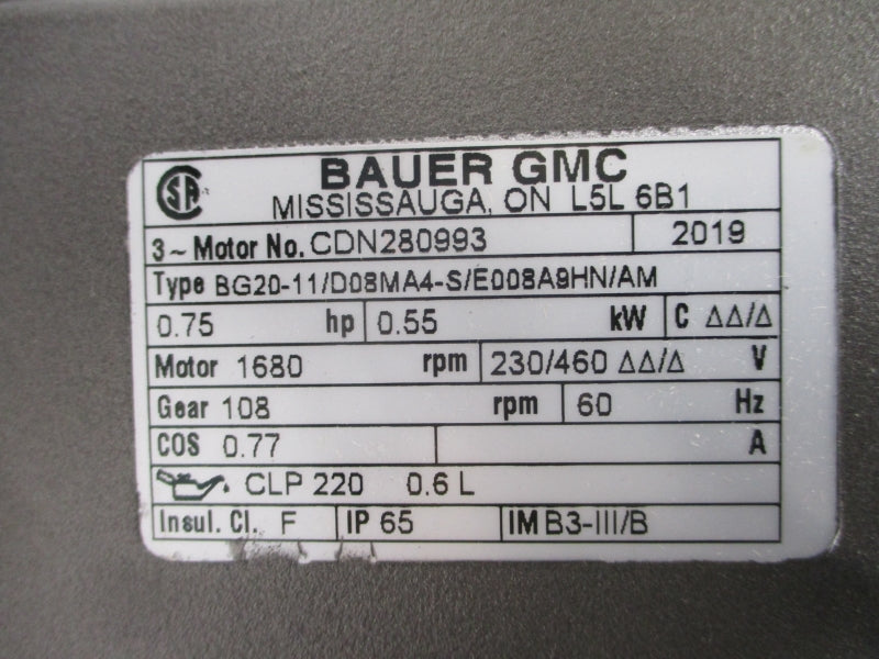 BAUER CDN280993 BG20-11/D08MA4-S/E008A9HN/AM 230/460V 0.77A NSNP