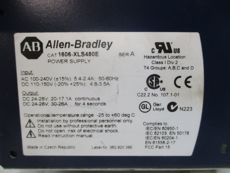 ALLEN BRADLEY 1606-XLS480E SER. A 100-240VAC 5.4-2.4A UNMP