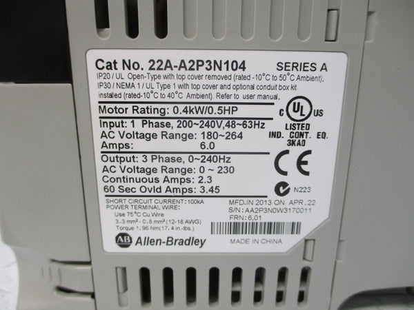 ALLEN BRADLEY 22A-A2P3N104 SER. A F/W 6.01 200-240VAC 6.0A NSMP