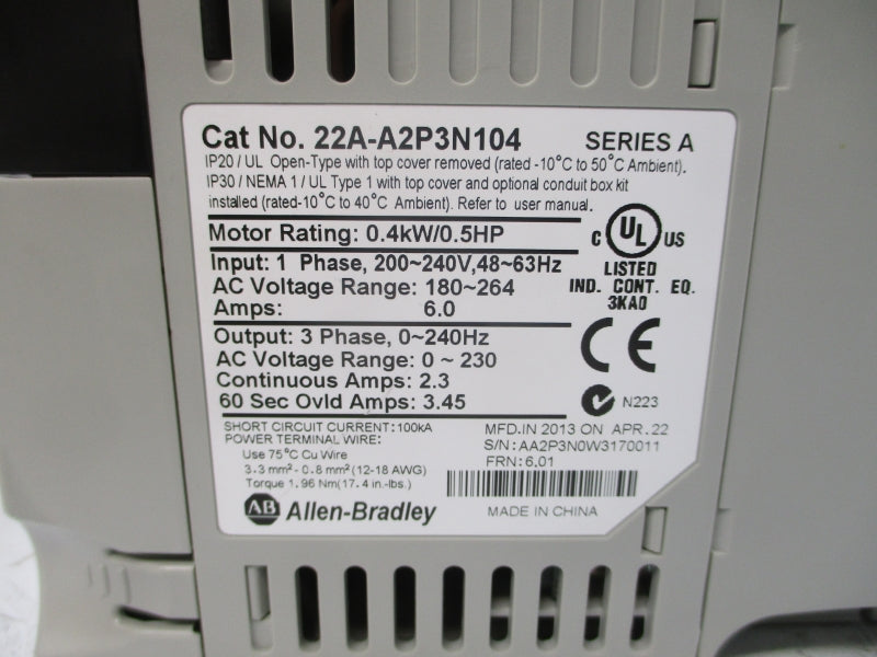 ALLEN BRADLEY 22A-A2P3N104 SER. A F/W 6.01 200-240VAC 6.0A NSMP