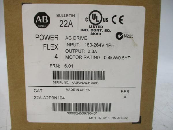 ALLEN BRADLEY 22A-A2P3N104 SER. A F/W 6.01 200-240VAC 6.0A NSMP