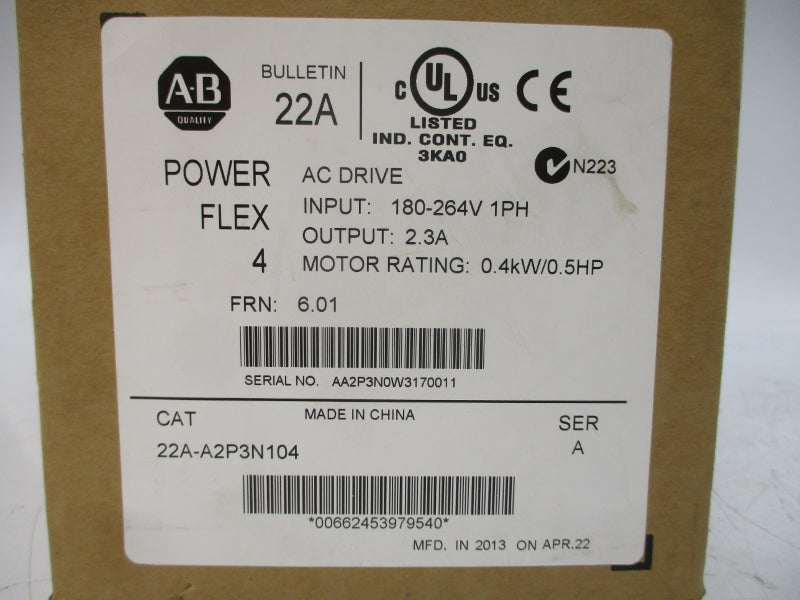 ALLEN BRADLEY 22A-A2P3N104 SER. A F/W 6.01 200-240VAC 6.0A NSMP