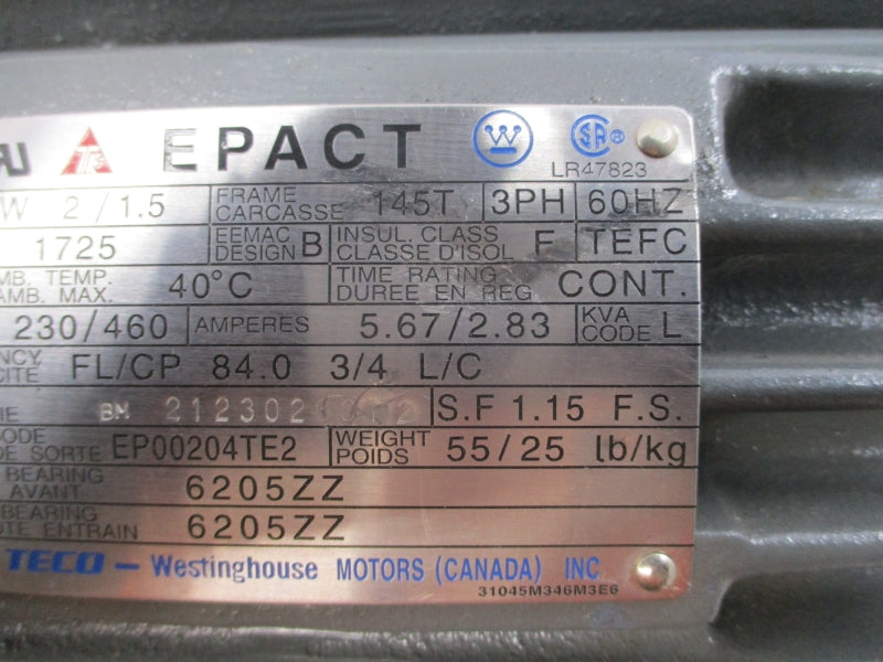 TECO-WESTINGHOUSE EP00204TE2 230/460V 5.67/2.83A NSNP