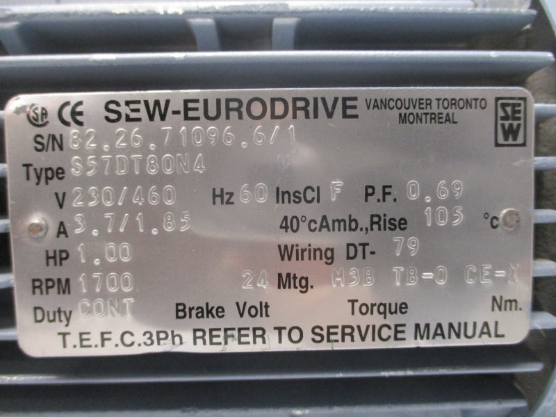 SEW-EURODRIVE S57DT80N4 230/460V 3.7/1.85A NSNP