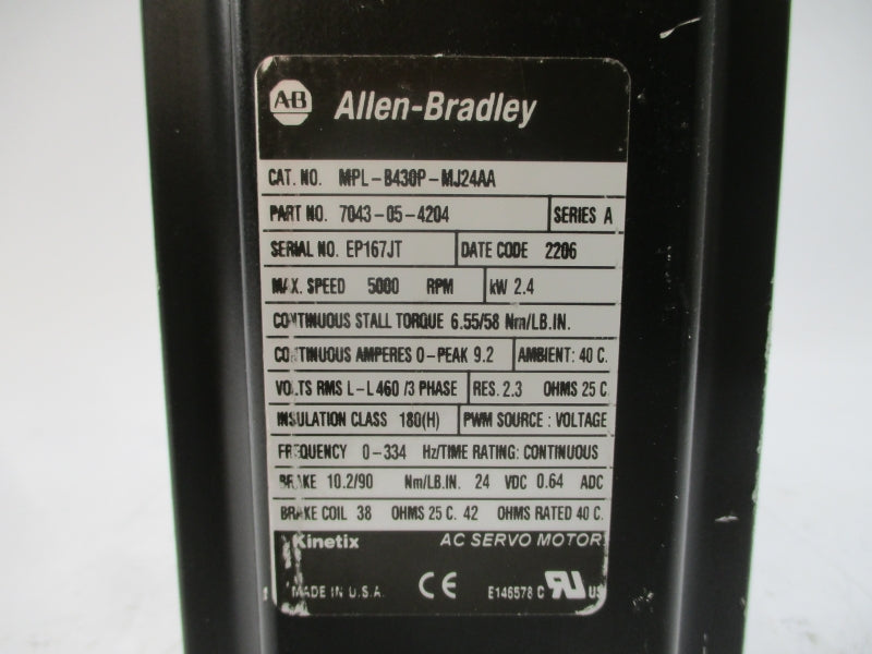ALLEN BRADLEY MPL-B430P-MJ24AA SER. A 460VAC 9.2A NSNP