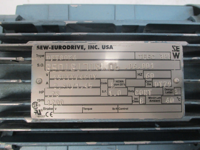 SEW-EURODRIVE DFT80K4 R17DT80K4 230/460V 2.90/1.45A NSNP