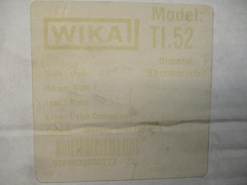 WIKA TI.52 52040D205G7ZZ-Z2  0/200'F 4" NSMP
