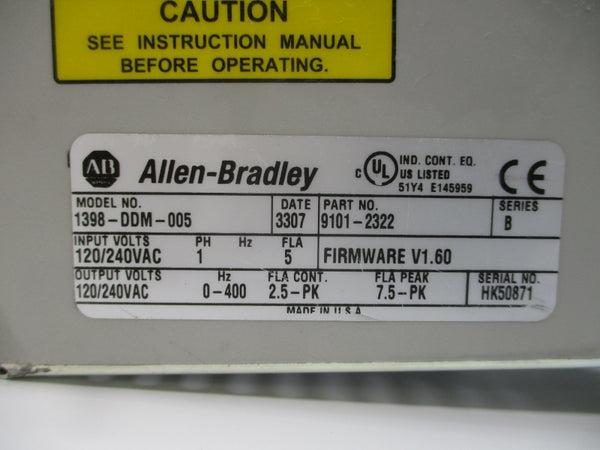 ALLEN BRADLEY 1398-DDM-005 SER. B F/W V1.60 120/240VAC 5A UNMP