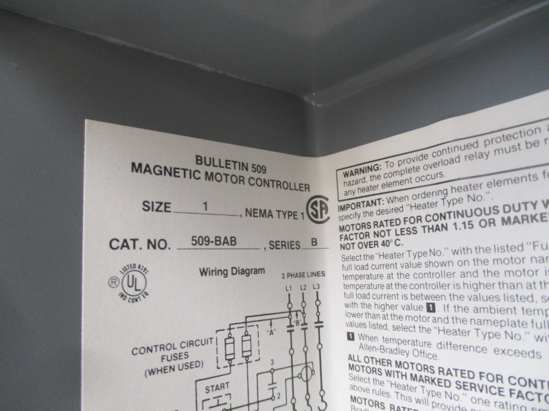 ALLEN BRADLEY 509-BAB SER. B 460-480V 27A NSNP