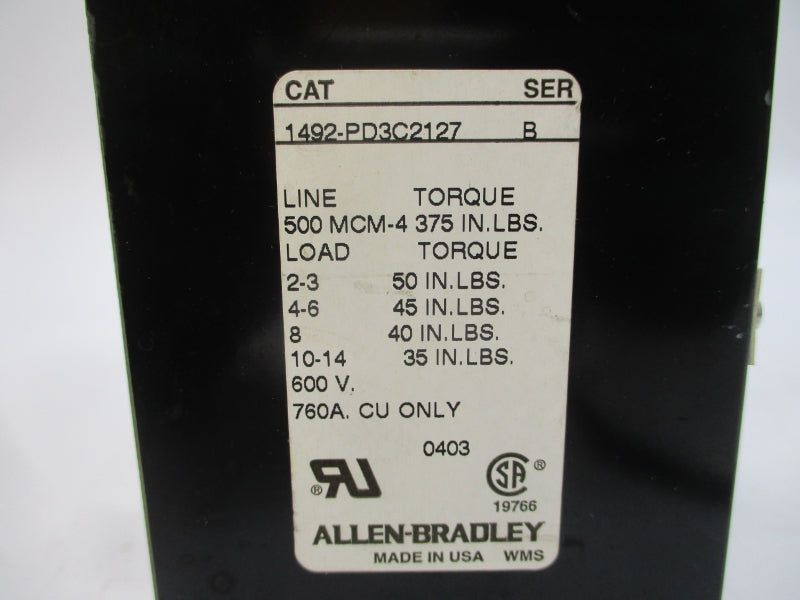 ALLEN BRADLEY 1492-PD3C2127 SER. B 600V 760A NSNP