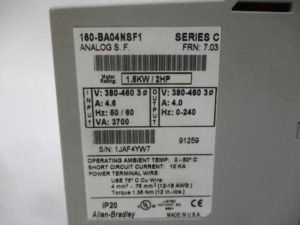 ALLEN BRADLEY 160-BA04NSF1 SER. C F/W 7.03 380-460V 4.6A (BR/WH) NSMP