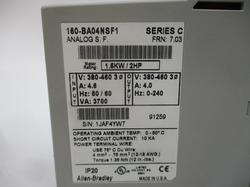 ALLEN BRADLEY 160-BA04NSF1 SER. C F/W 7.03 380-460V 4.6A (BR/WH) NSMP