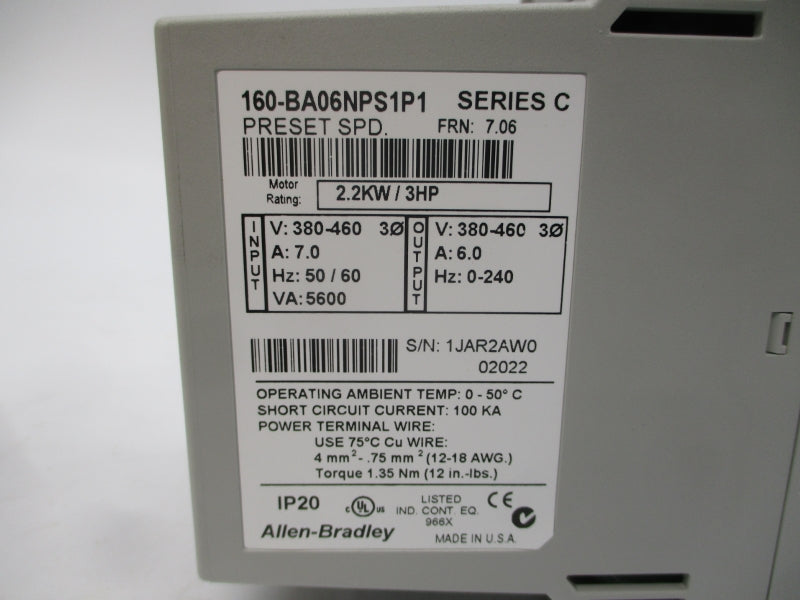 ALLEN BRADLEY 160-BA06NPS1P1 SER. C F/W 7.06 380-460V 7.0A (BR/WH) NSMP
