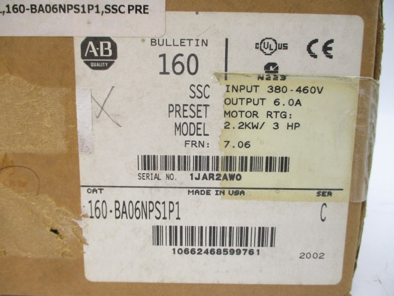 ALLEN BRADLEY 160-BA06NPS1P1 SER. C F/W 7.06 380-460V 7.0A (BR/WH) NSMP