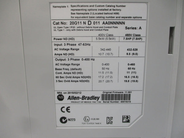 ALLEN BRADLEY 20G11ND011AA0NNNNN SER. A F/W 11.001 480VAC 9.5A NSNP