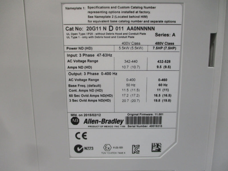 ALLEN BRADLEY 20G11ND011AA0NNNNN SER. A F/W 11.001 480VAC 9.5A NSNP