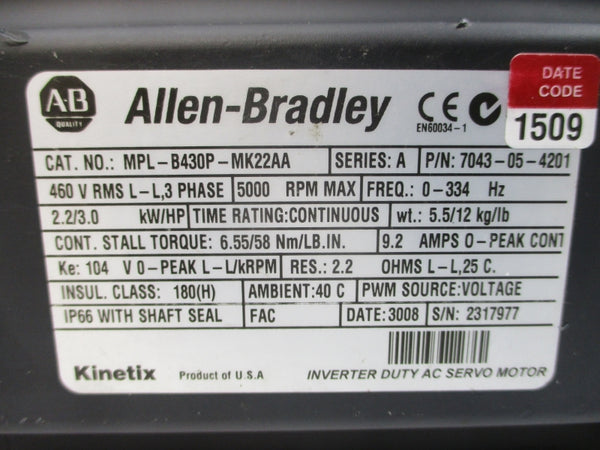 ALLEN BRADLEY MPL-B430P-MK22AA SER. A 460VAC 9.2A NSNP
