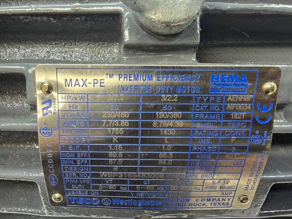 TECO WESTINGHOUSE AEHH8P NP0034 240/460V 7.7/3.85A NSNP