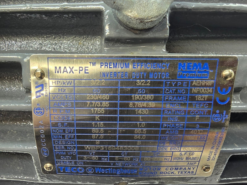 TECO WESTINGHOUSE AEHH8P NP0034 240/460V 7.7/3.85A NSNP