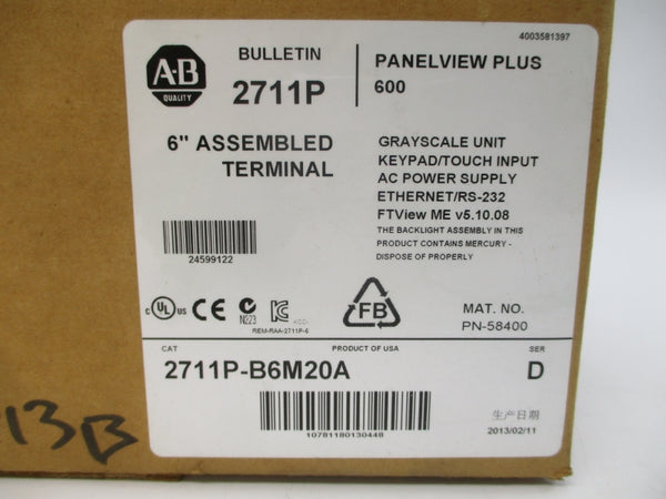 ALLEN BRADLEY 2711P-B6M20A SER. D 100-240VAC 0.6-0.3A NSMP