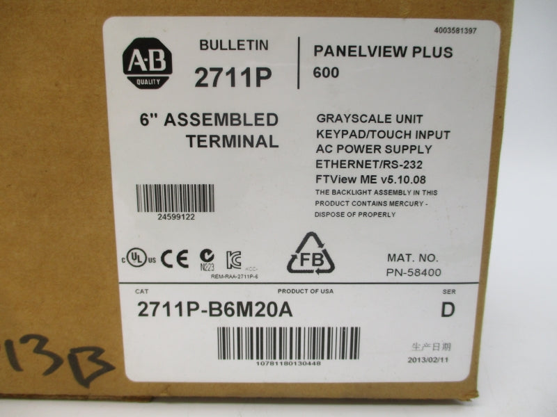 ALLEN BRADLEY 2711P-B6M20A SER. D 100-240VAC 0.6-0.3A NSMP