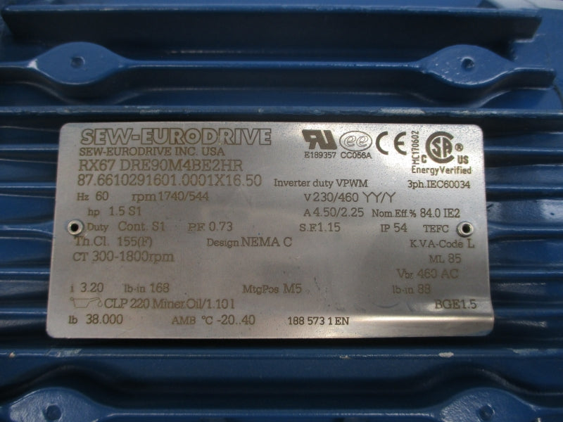 SEW-EURODRIVE RX67DRE90M4BE2HR 230/460V 4.50/2.25A NSNP