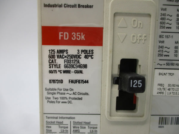 CUTLER HAMMER FD3125L 6639C94G98 600VAC 125A NSMP