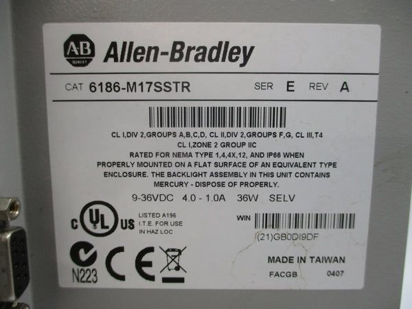 ALLEN BRADLEY 6186-M17SSTR SER. E 9-36VDC 4.0-1.0A REV. A NSNP