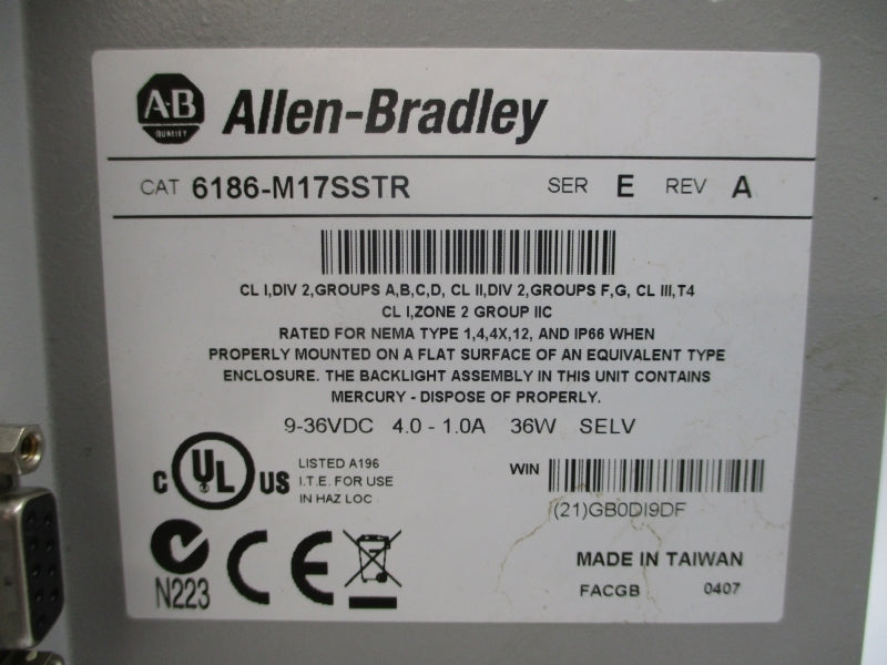 ALLEN BRADLEY 6186-M17SSTR SER. E 9-36VDC 4.0-1.0A REV. A NSNP