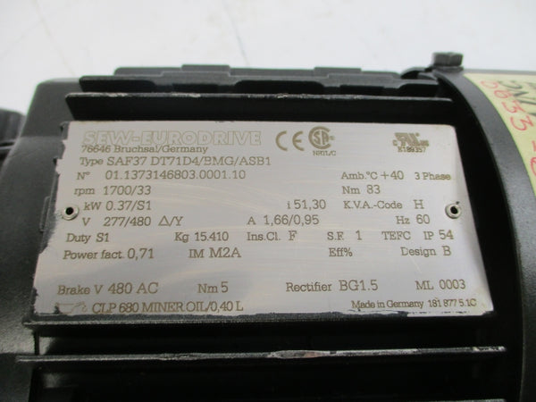SEW-EURODRIVE SAF37DT71D4/BMG/ASB1 277/480V 1.66/0.95A NSNP