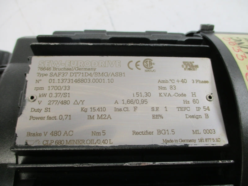 SEW-EURODRIVE SAF37DT71D4/BMG/ASB1 277/480V 1.66/0.95A NSNP