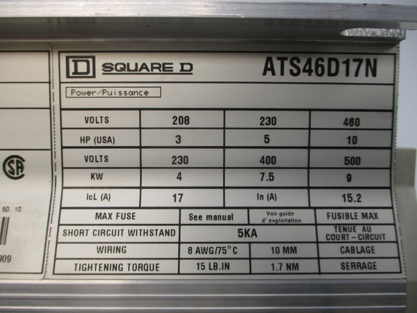 TELEMECANIQUE ATS46D17N 208-230/460V 15.2/17A NSNP