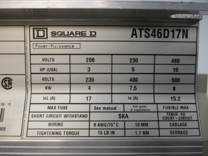 TELEMECANIQUE ATS46D17N 208-230/460V 15.2/17A NSNP