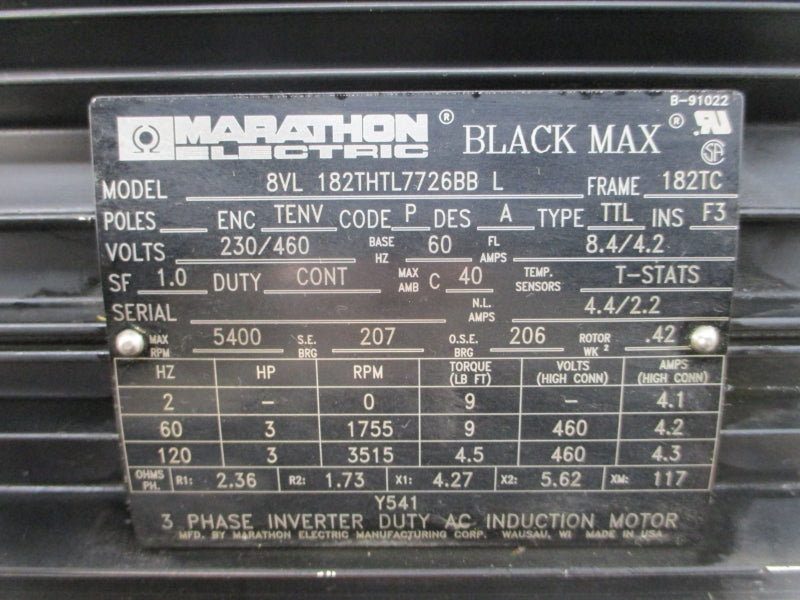 MARATHON ELECTRIC 8VL182THTL7726BBL 230/460V 8.4/4.2A NSNP