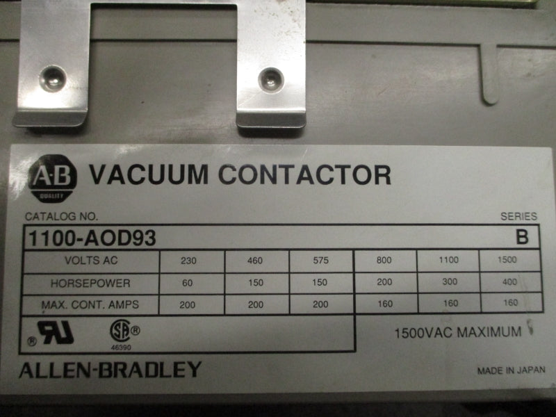 ALLEN BRADLEY 1100-AOD93 SER. B 100-127V 200A UNMP